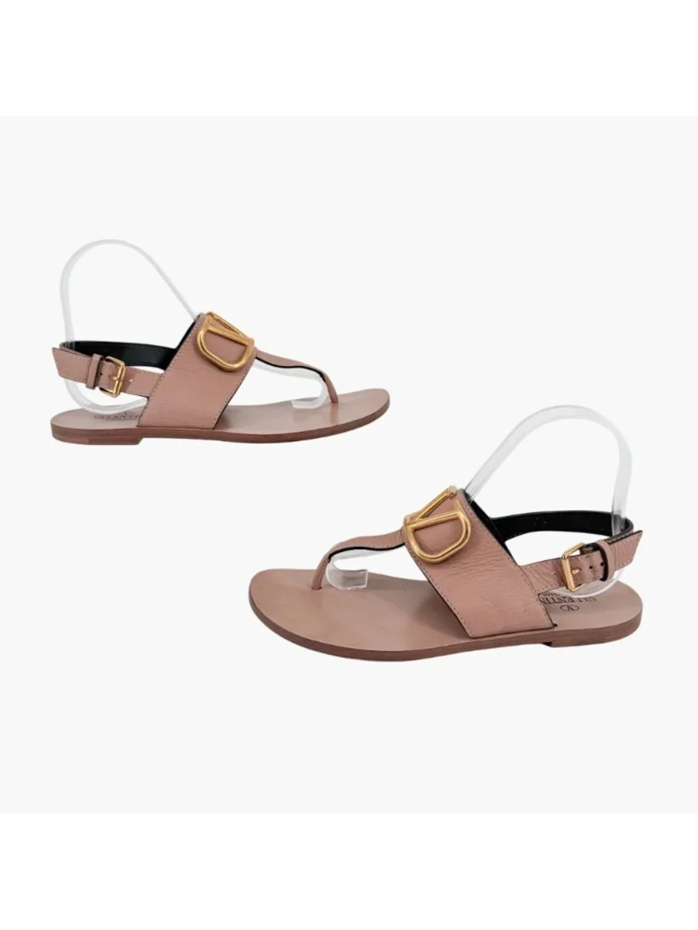 Valentino Garavani Vlogo Beige Leather T-Strap Flat Sandals Size 38 US 8 Women's